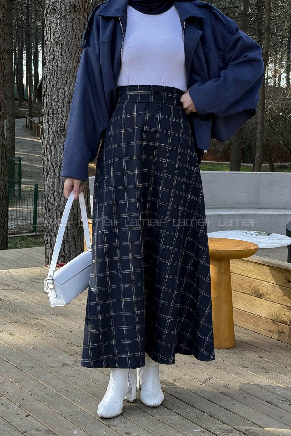 Lamelif Ekose Detay Etek Lacivert