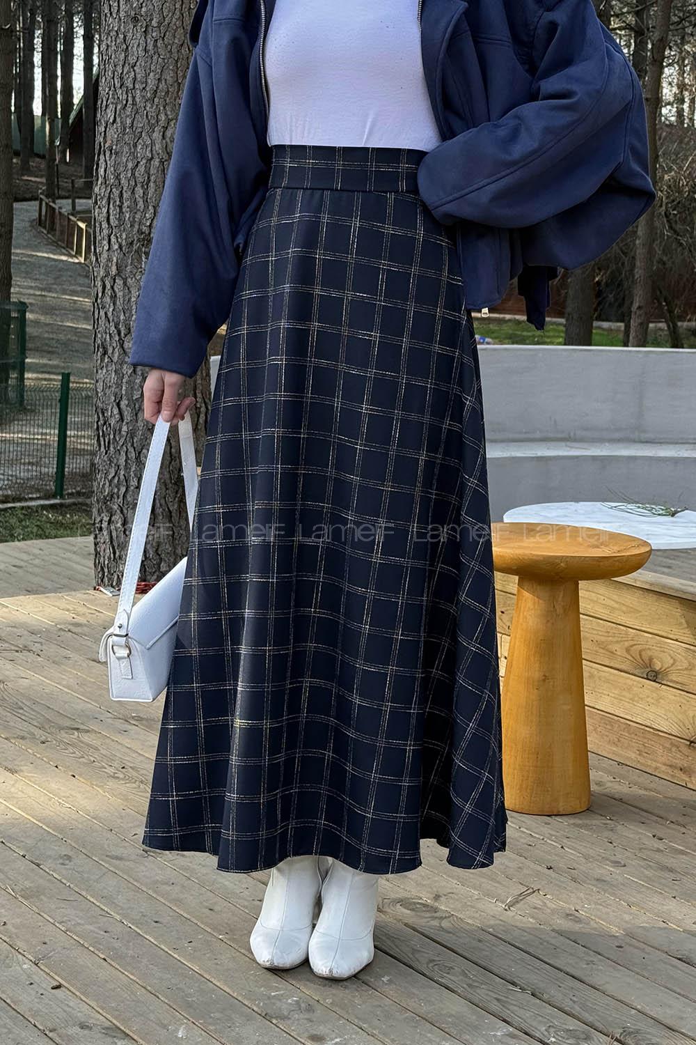 Lamelif Ekose Detay Etek Lacivert