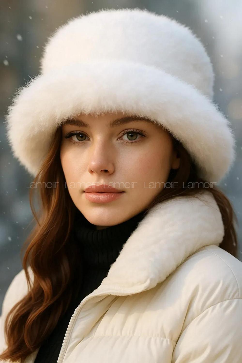 Lamelif Ekru Kalın Peluş Kalpak Şapka Bere