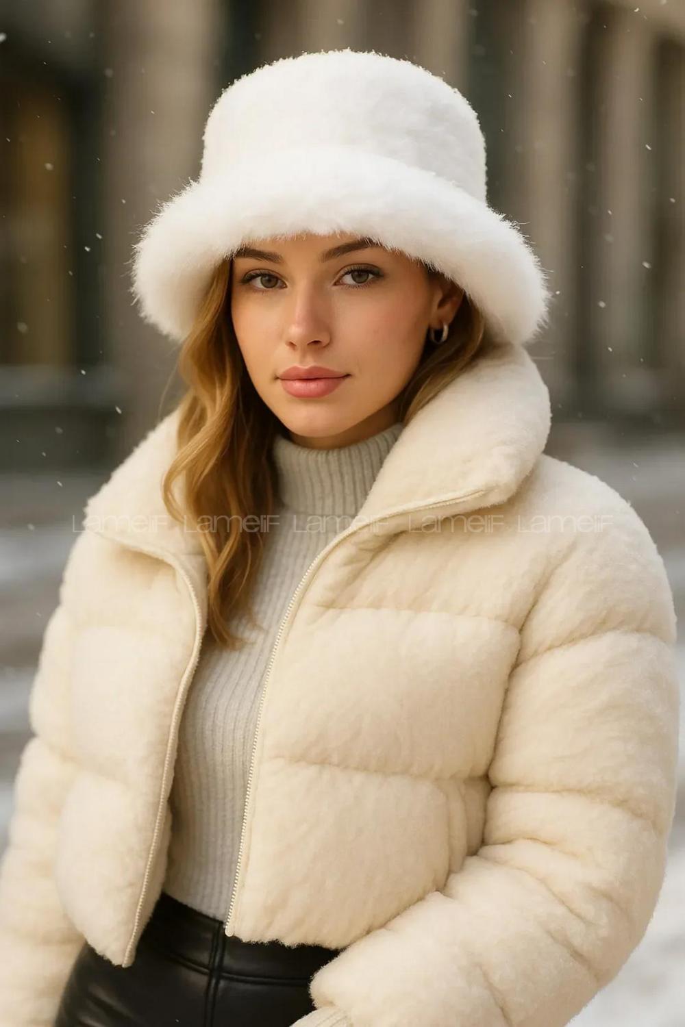 Lamelif Ekru Kalın Peluş Kalpak Şapka Bere