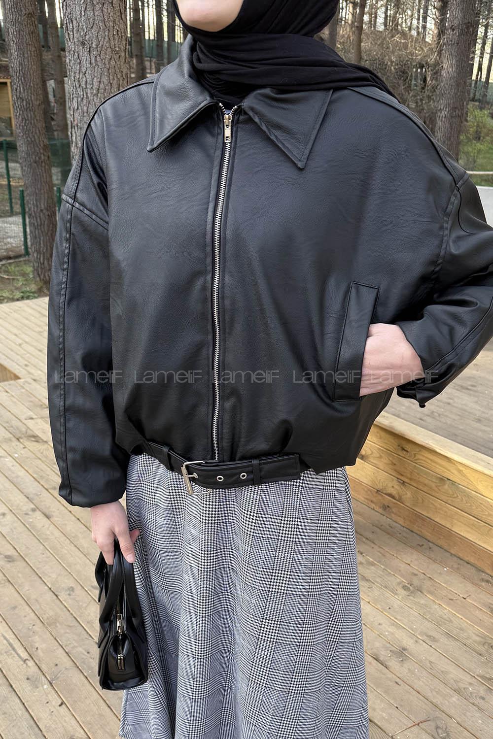 Lamelif Kemerli Deri Ceket Siyah