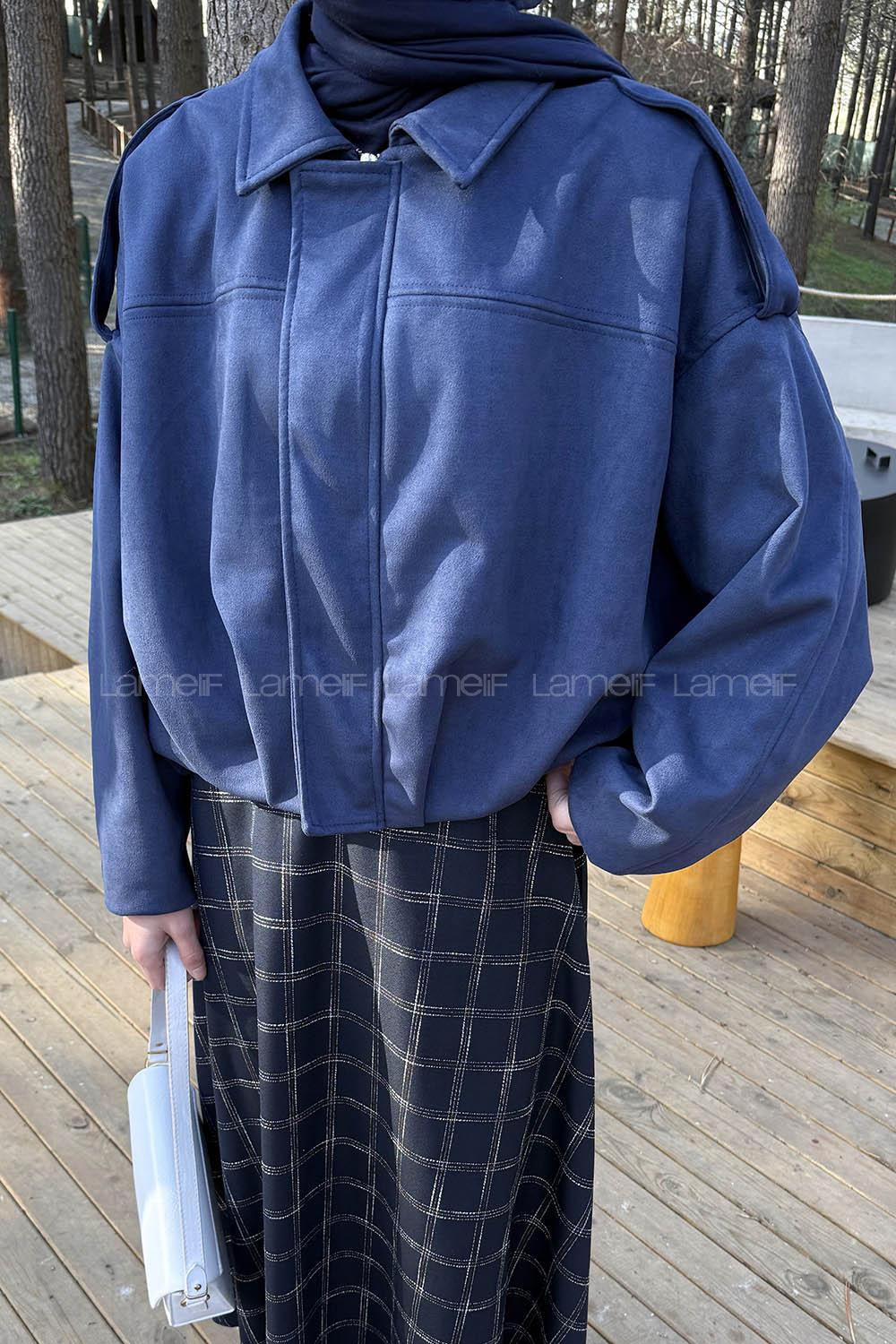 Lamelif Omuz Apoletli Süet Ceket Lacivert