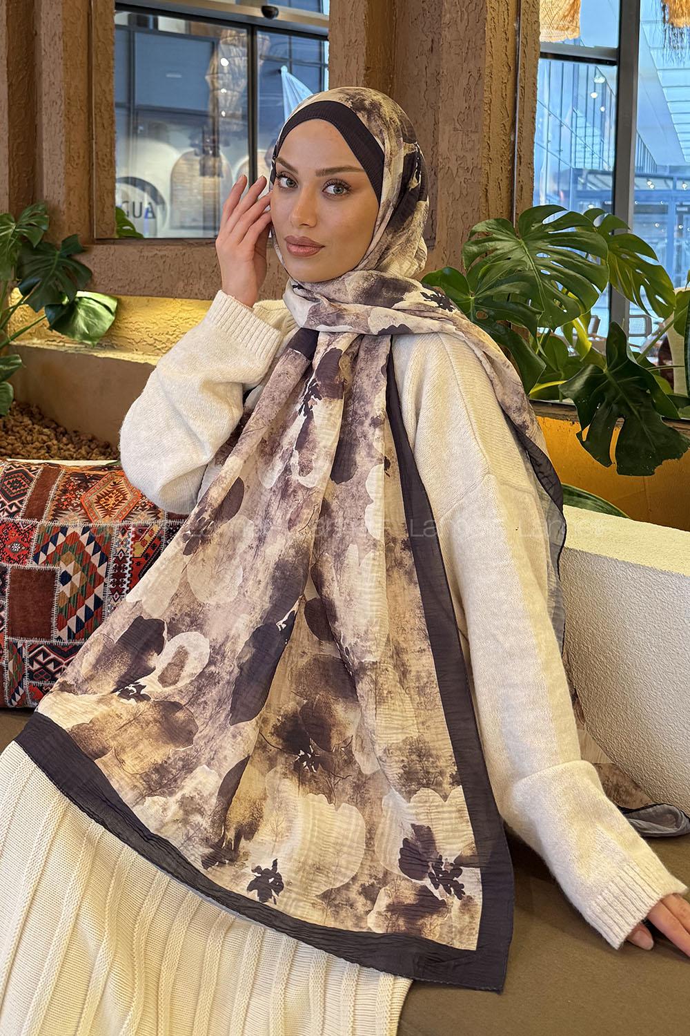 Lamelif Batik Desen Müslin Şal Bej