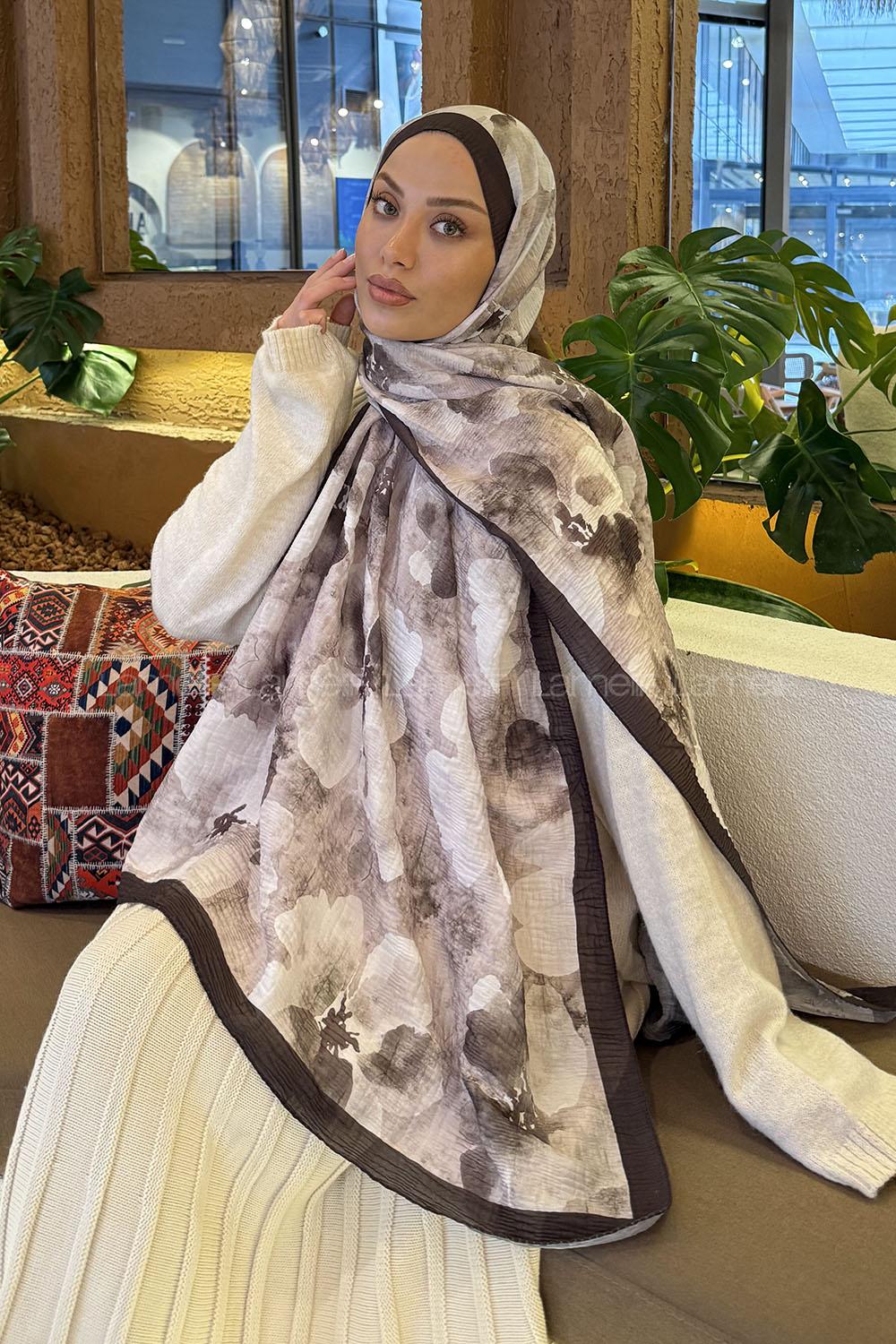 Lamelif Batik Desen Müslin Şal Ekru