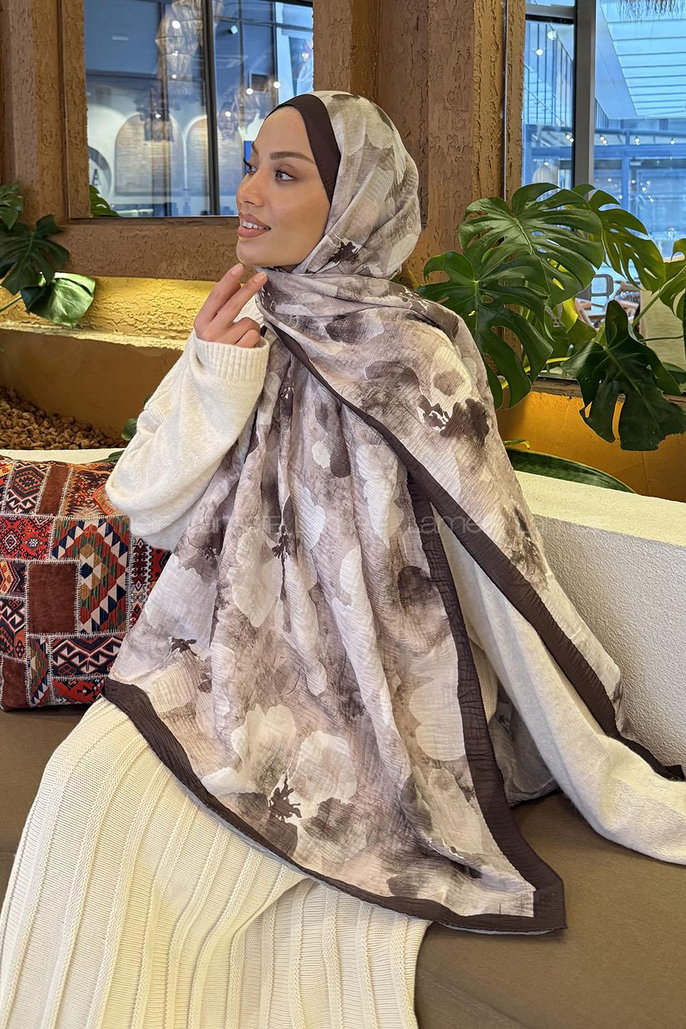 Lamelif Batik Desen Müslin Şal Ekru