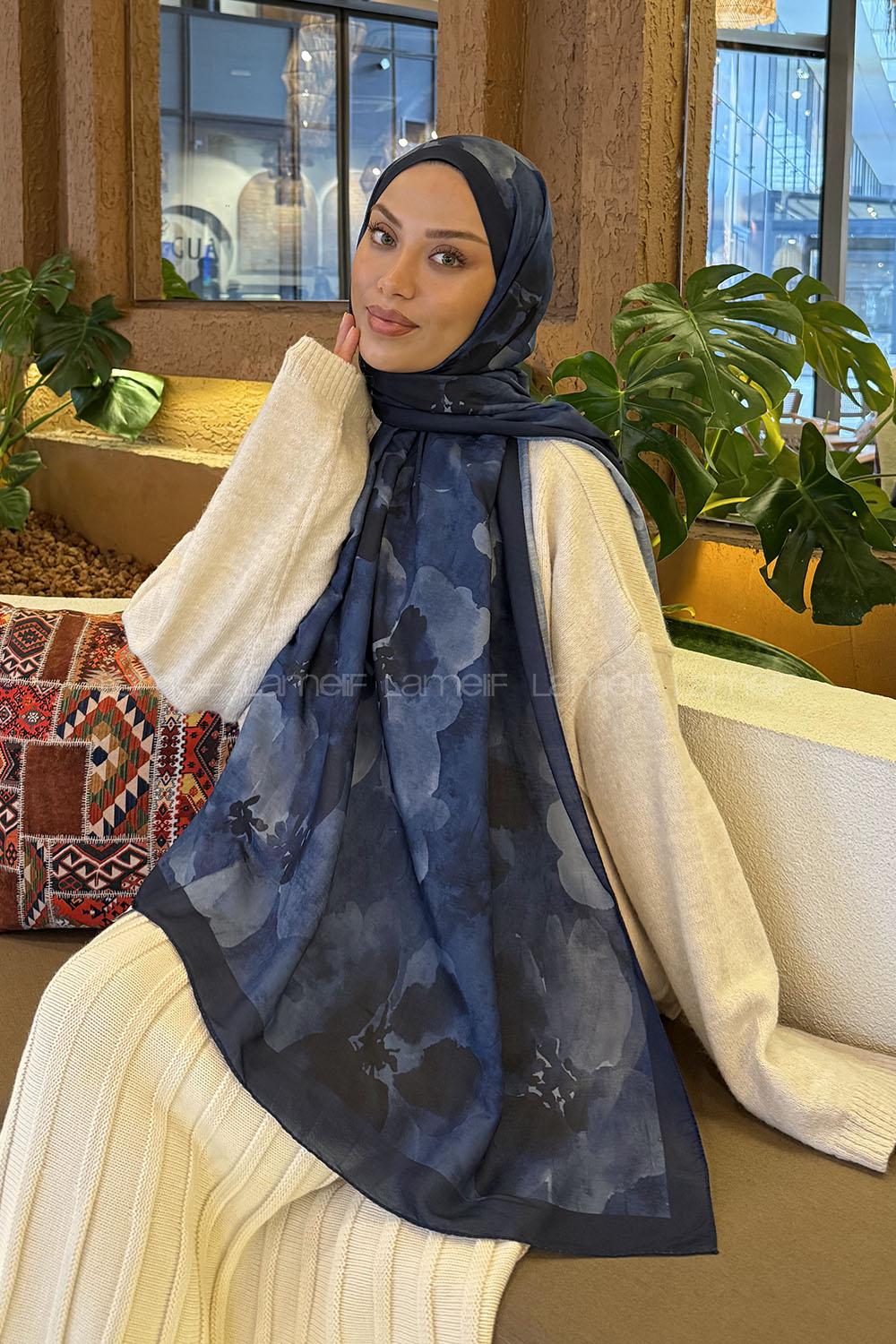 Lamelif Batik Desen Müslin Şal Gece Mavisi