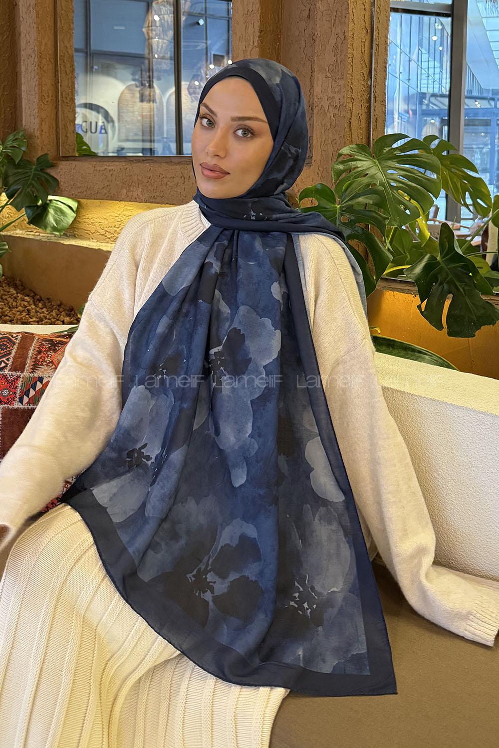 Lamelif Batik Desen Müslin Şal Gece Mavisi