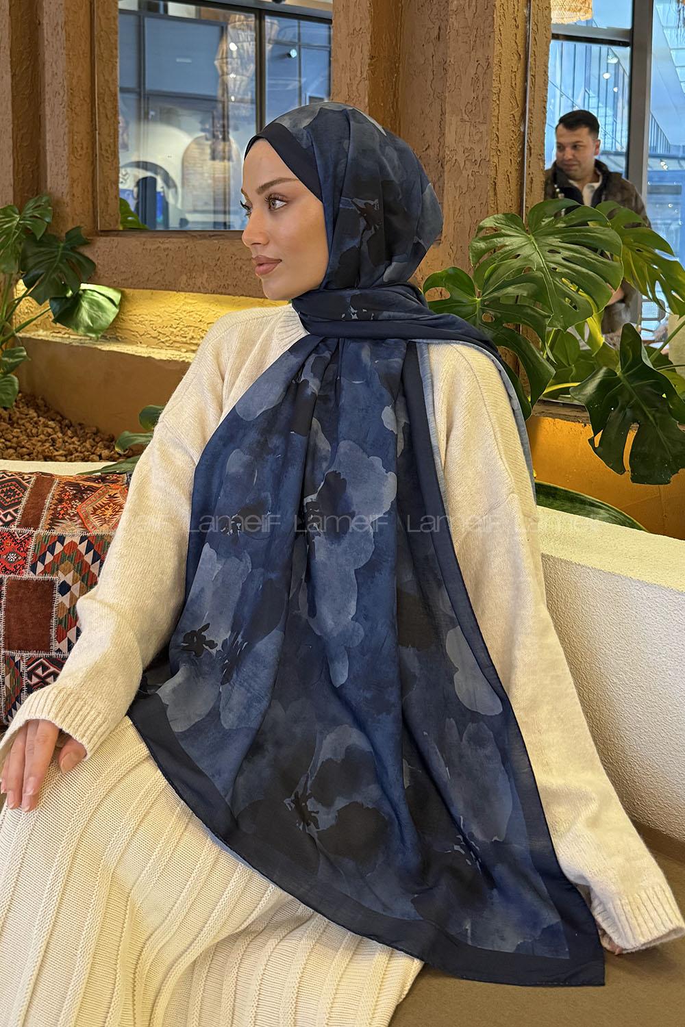 Lamelif Batik Desen Müslin Şal Gece Mavisi