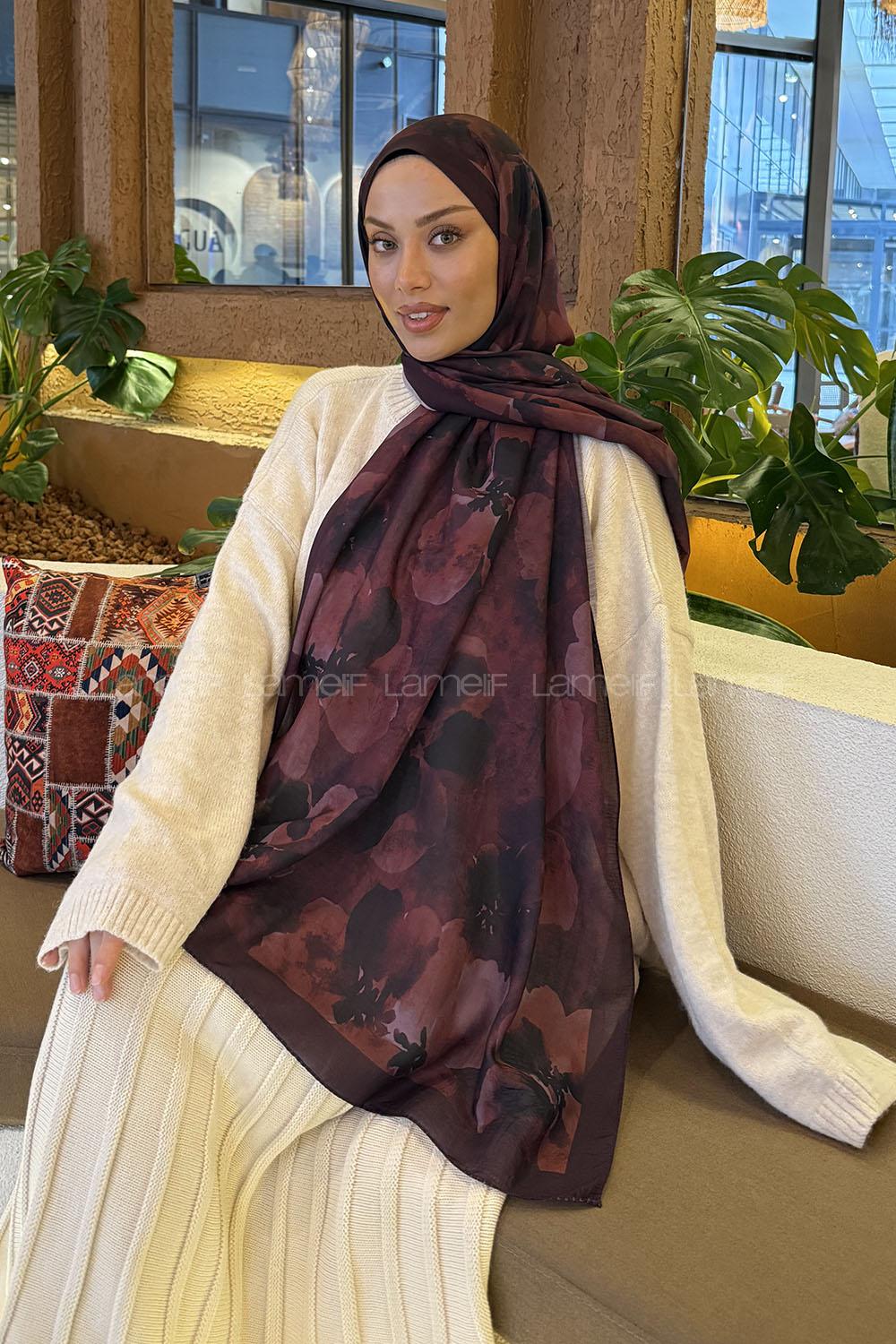 Lamelif Batik Desen Müslin Şal Koyu Bordo