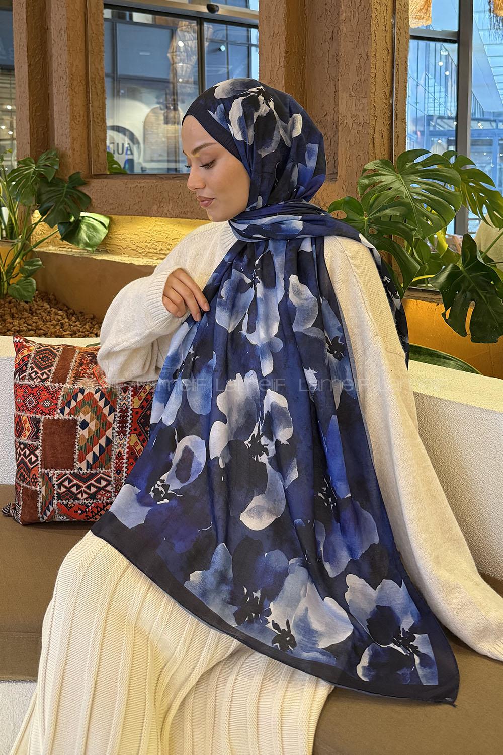 Lamelif Batik Desen Müslin Şal Lacivert