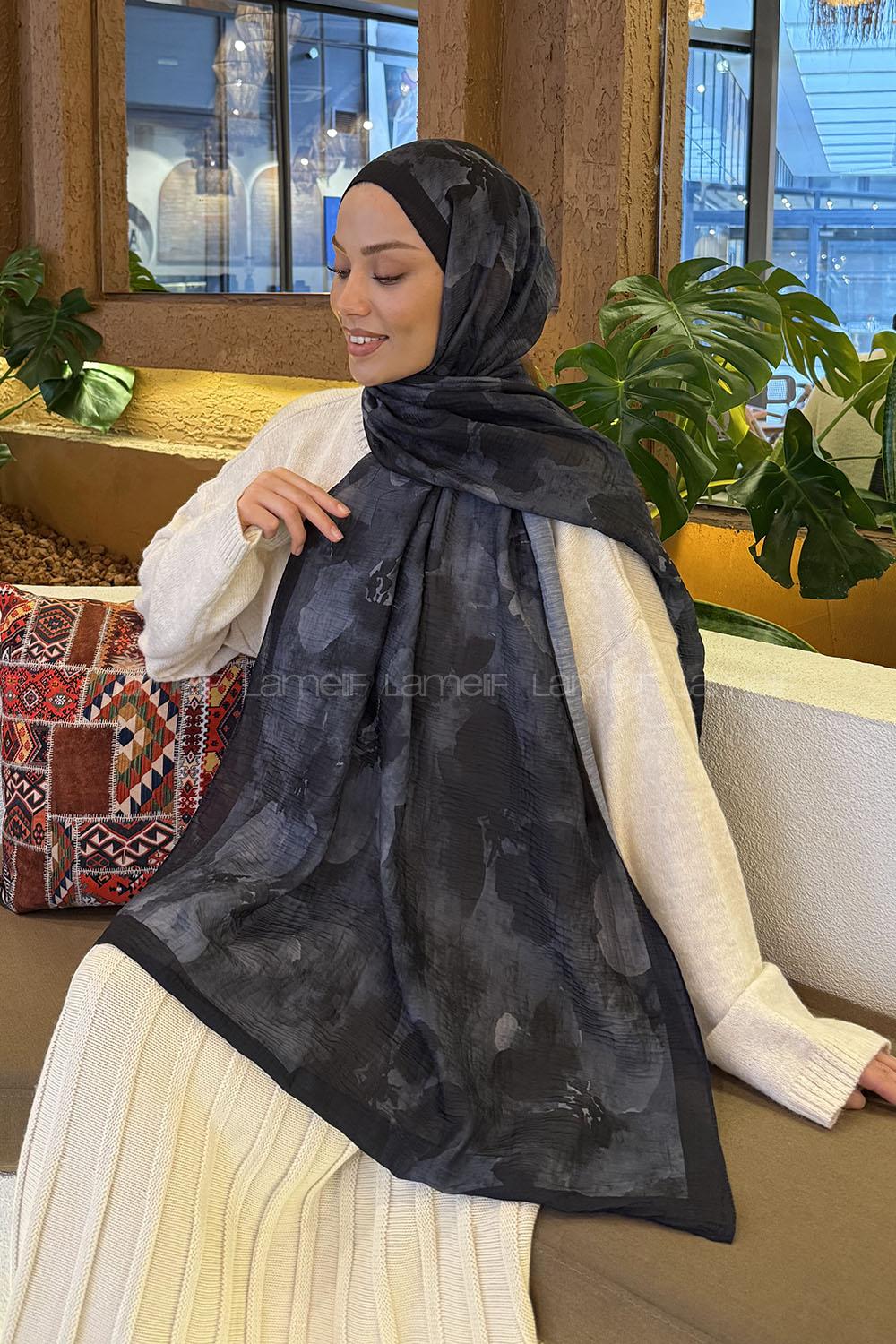 Lamelif Batik Desen Müslin Şal Siyah Gri