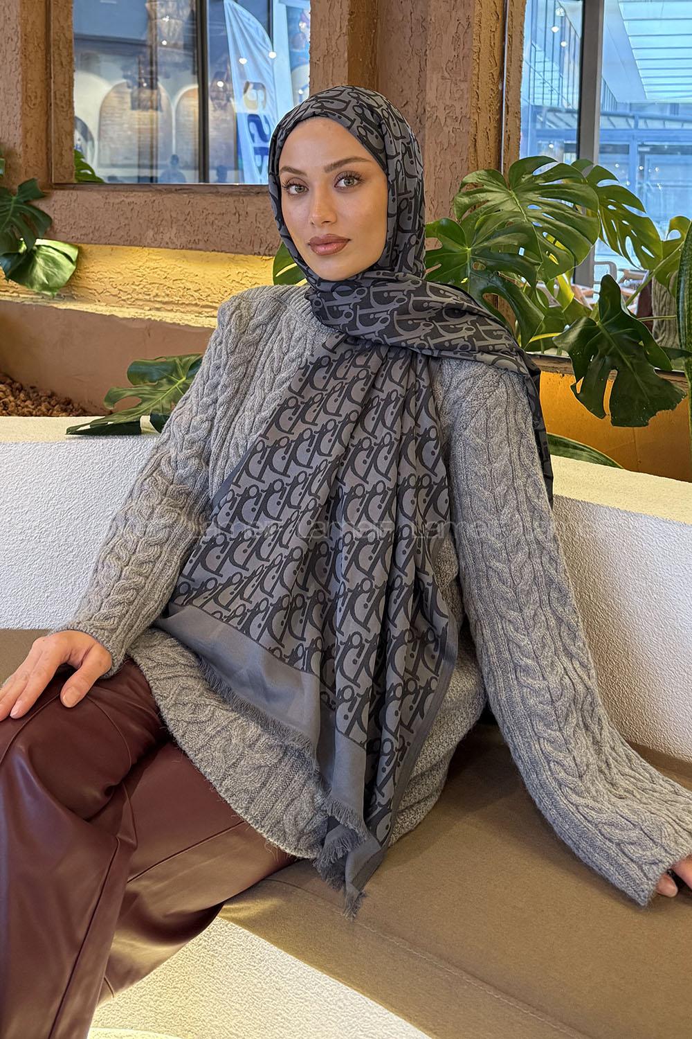 Lamelif Dior Desen Kaşmir Çift Taraflı Şal Antrasit