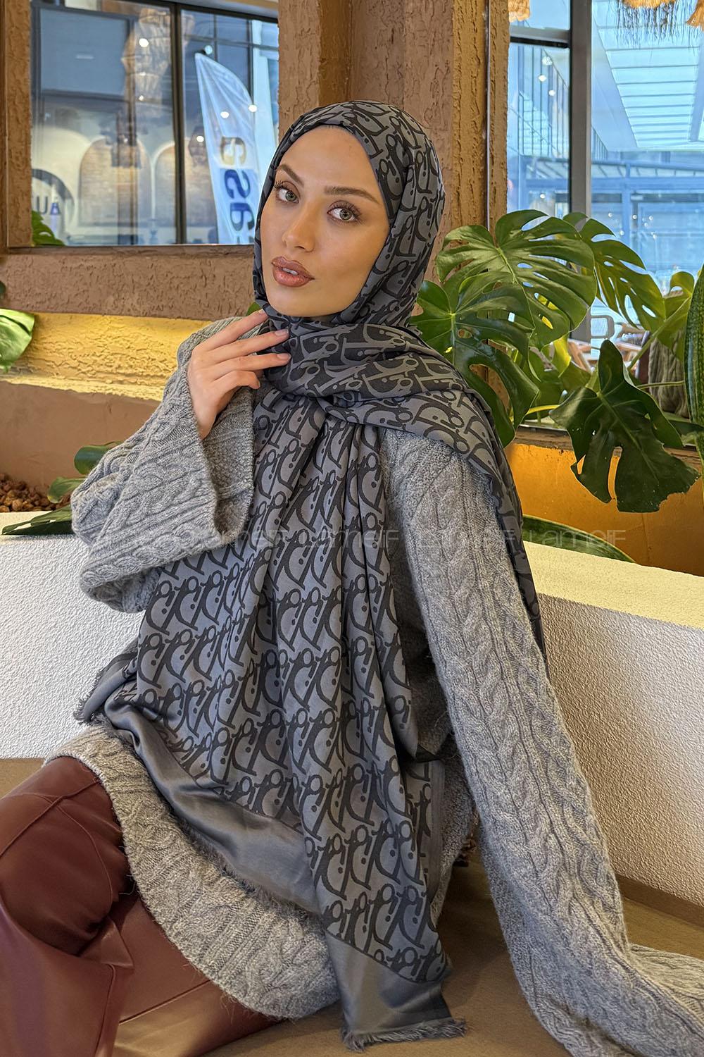 Lamelif Dior Desen Kaşmir Çift Taraflı Şal Antrasit