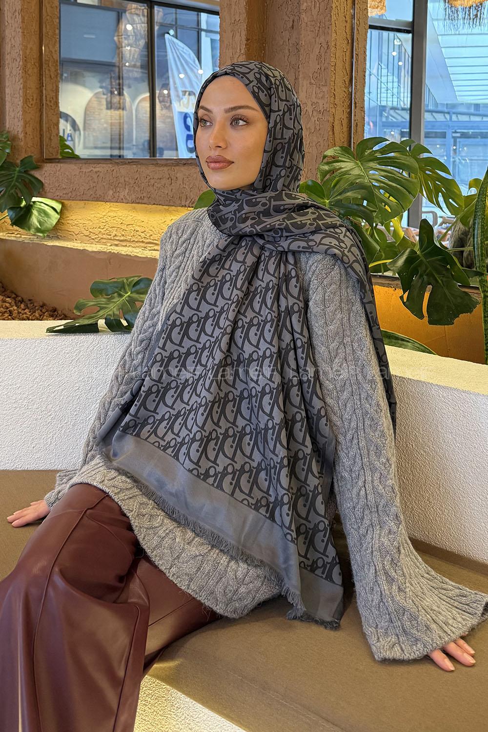 Lamelif Dior Desen Kaşmir Çift Taraflı Şal Antrasit