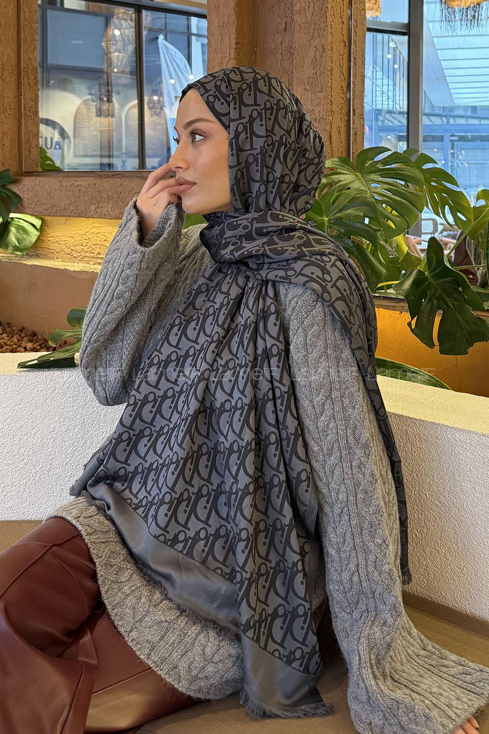 Lamelif Dior Desen Kaşmir Çift Taraflı Şal Antrasit