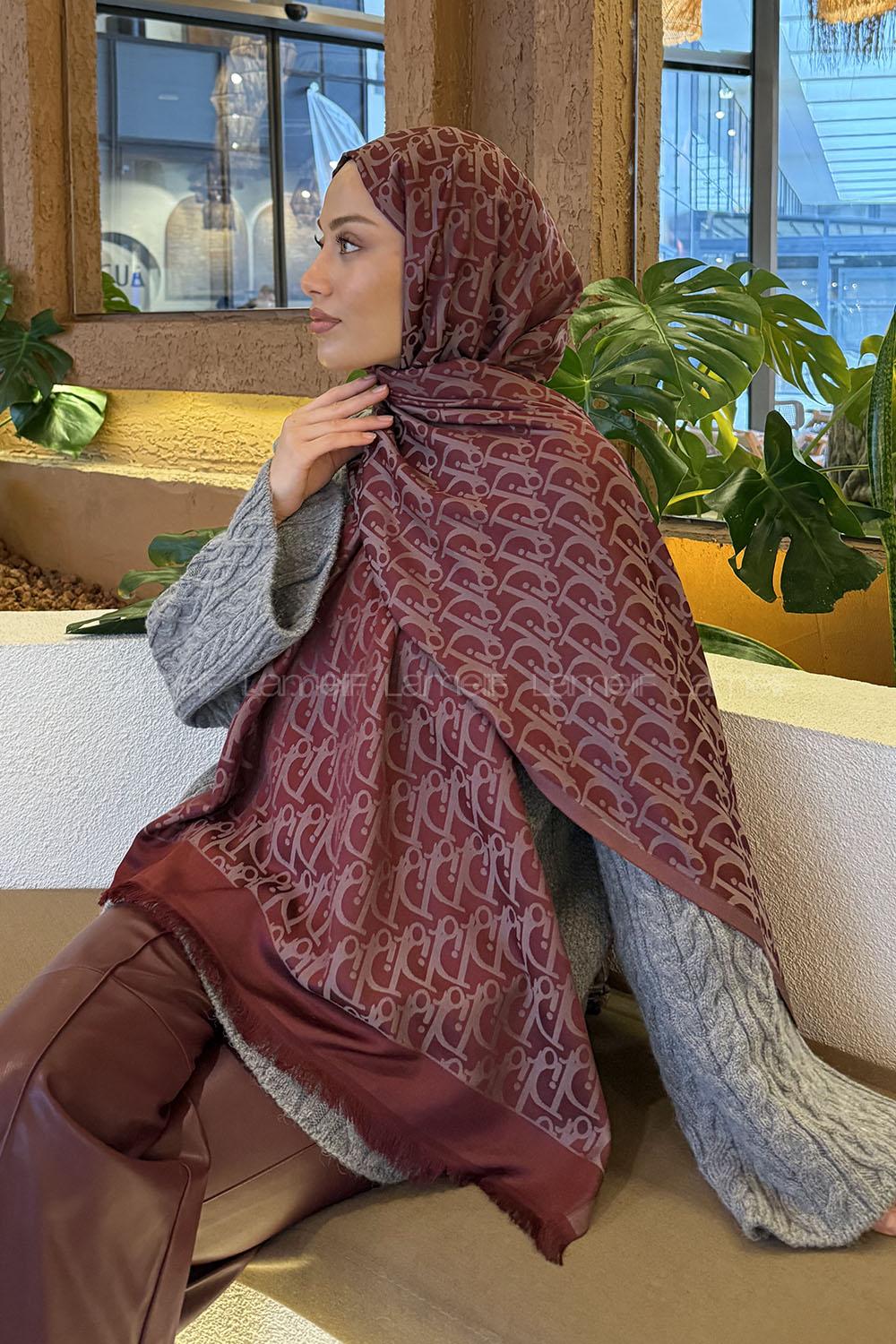 Lamelif Dior Desen Kaşmir Çift Taraflı Şal Bordo
