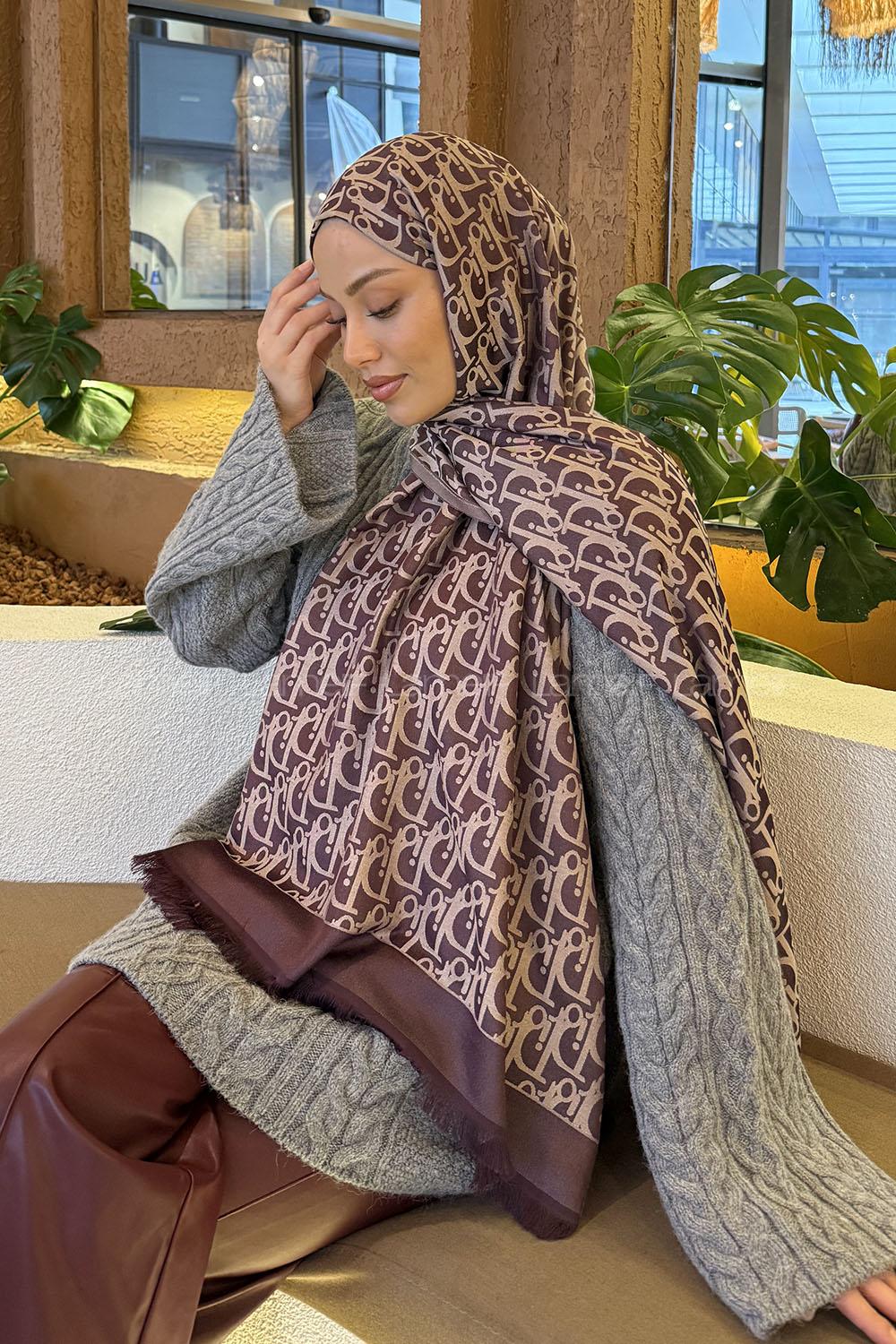 Lamelif Dior Desen Kaşmir Çift Taraflı Şal Mürdüm