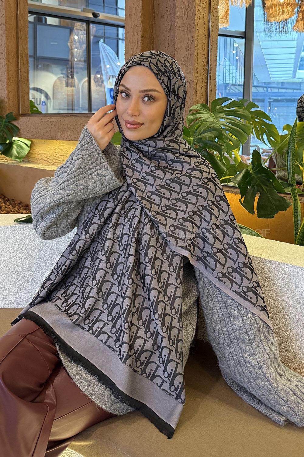 Lamelif Dior Desen Kaşmir Çift Taraflı Şal Siyah Gri