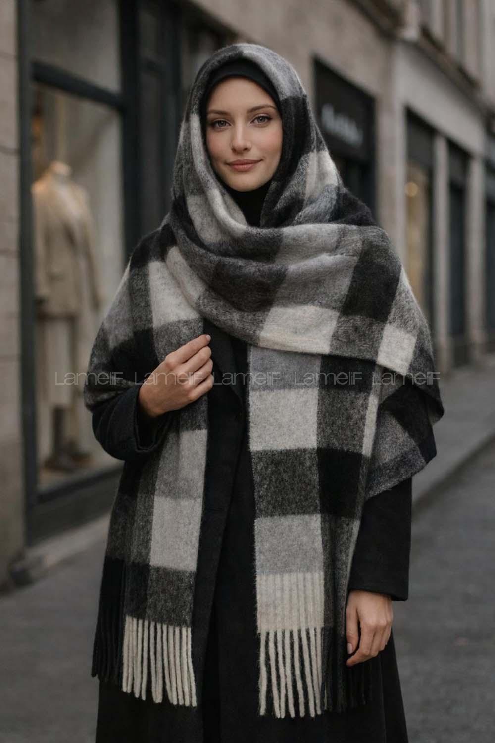 Lamelif Ekose Desenli Şal Atkı - Siyah Beyaz