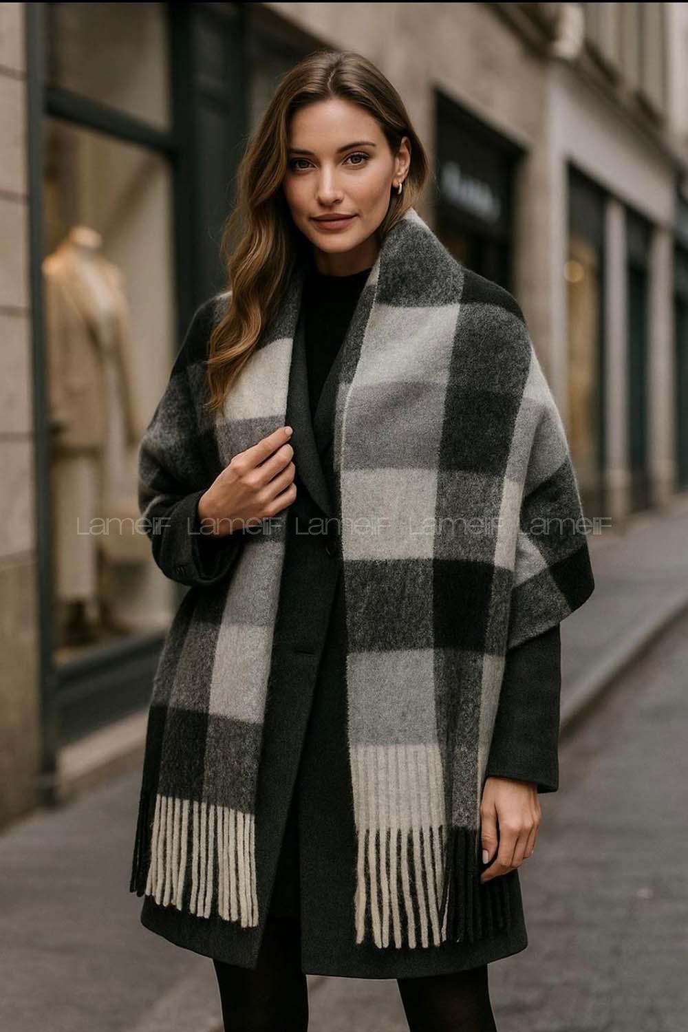 Lamelif Ekose Desenli Şal Atkı - Siyah Beyaz