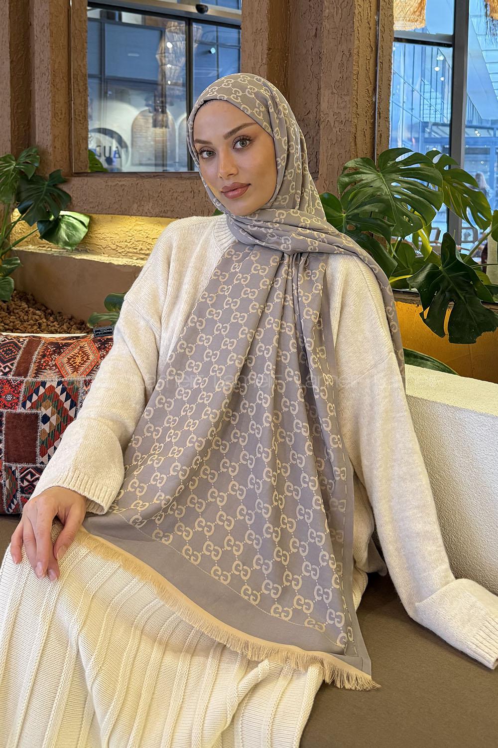 Lamelif G Desen Kaşmir Çift Taraflı Şal Bej Gri