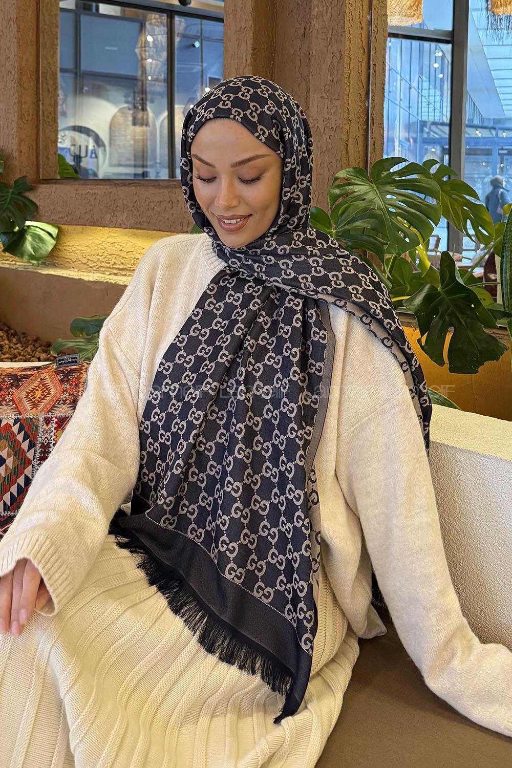 Lamelif G Desen Kaşmir Çift Taraflı Şal Lacivert Vizon