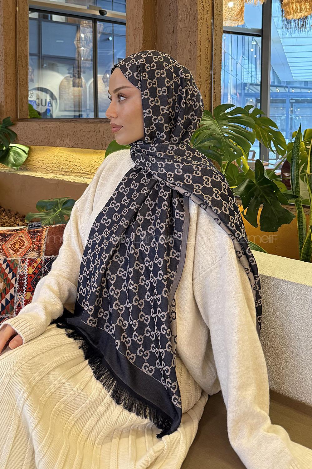 Lamelif G Desen Kaşmir Çift Taraflı Şal Lacivert Vizon