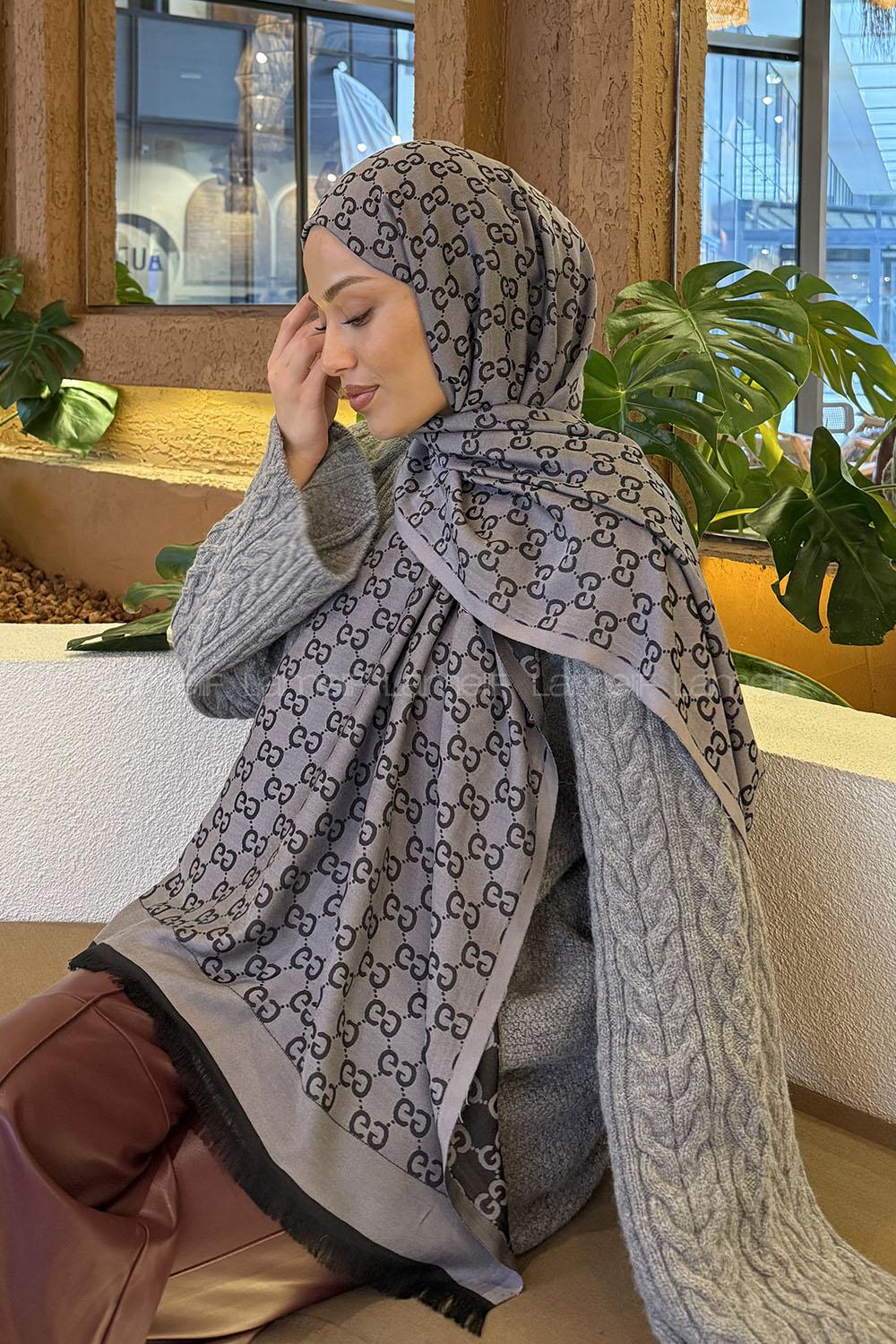 Lamelif G Desen Kaşmir Çift Taraflı Şal Siyah Gri