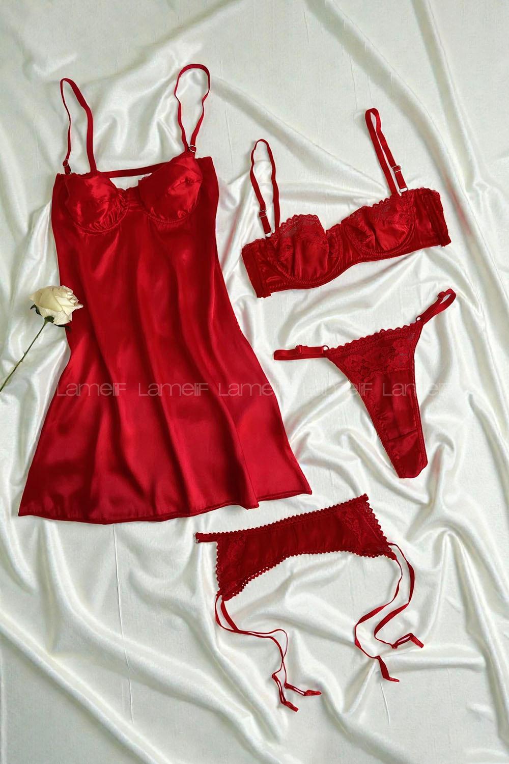 Lamelif Rhera Dantelli Saten Gecelikli Jartiyer Takım