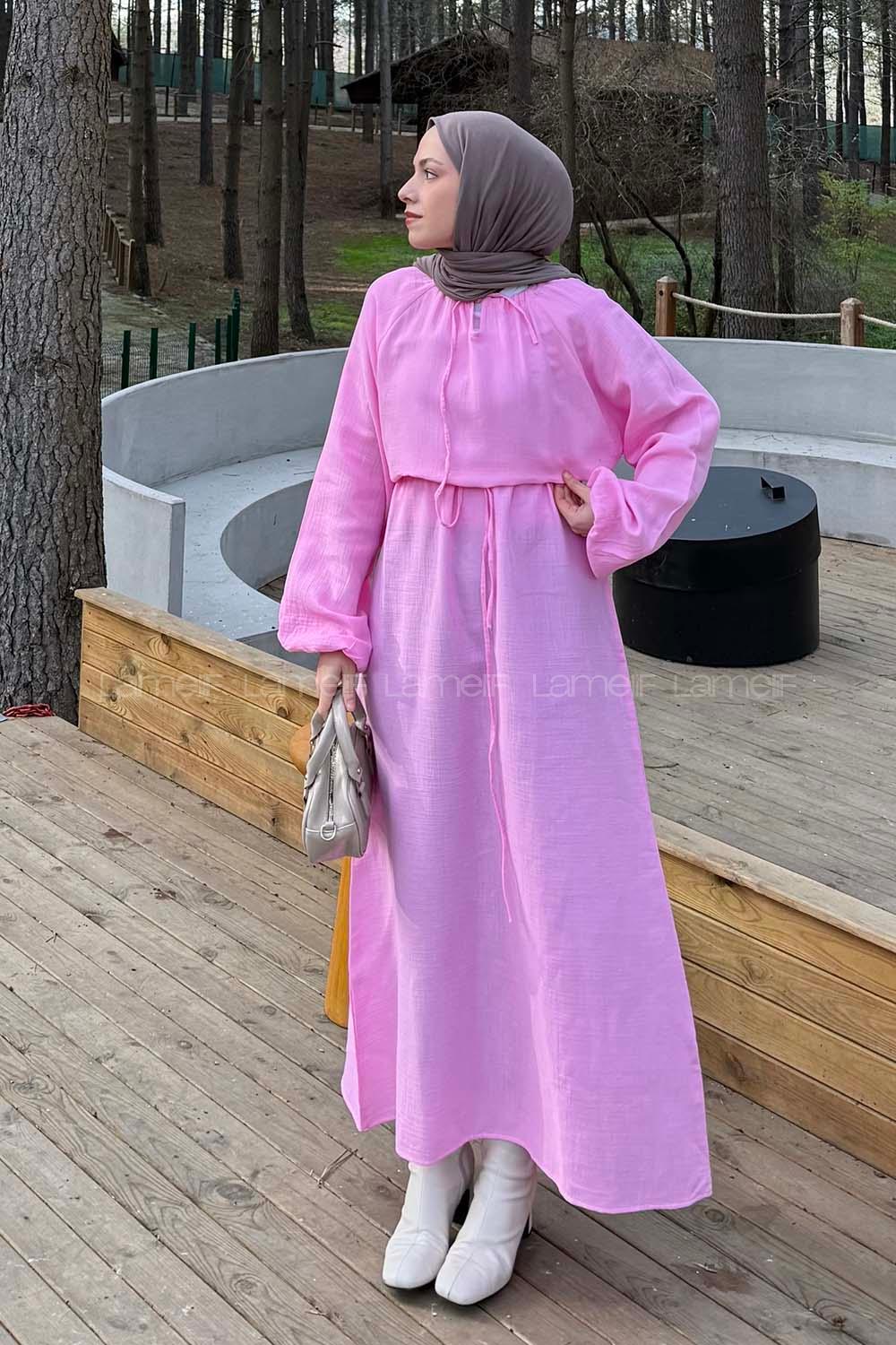 Lamelif Balon Kol Bağlamalı Tesettür Elbise Pembe