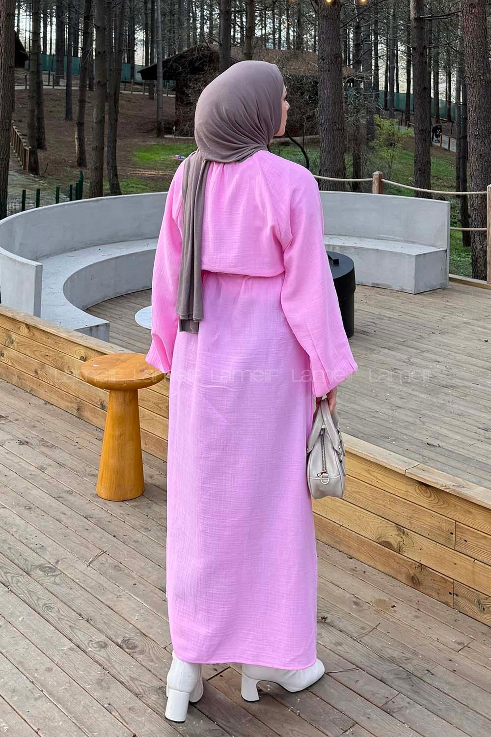 Lamelif Balon Kol Bağlamalı Tesettür Elbise Pembe