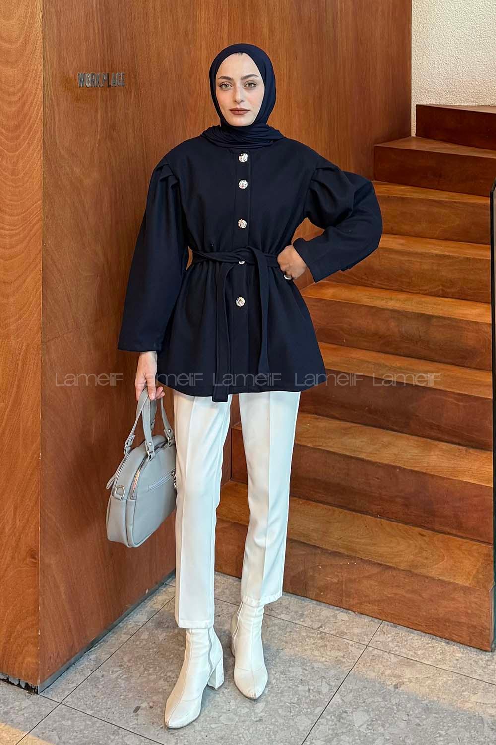 Lamelif Bel Lastikli Bağlama Detaylı Ceket Lacivert