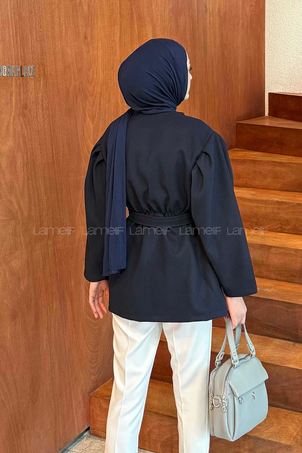 Lamelif Bel Lastikli Bağlama Detaylı Ceket Lacivert