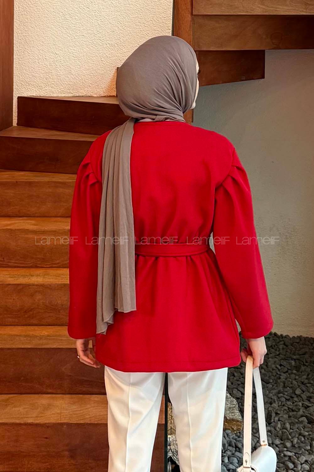 Lamelif Bel Lastikli Bağlama Detaylı Ceket Nar Çiçeği