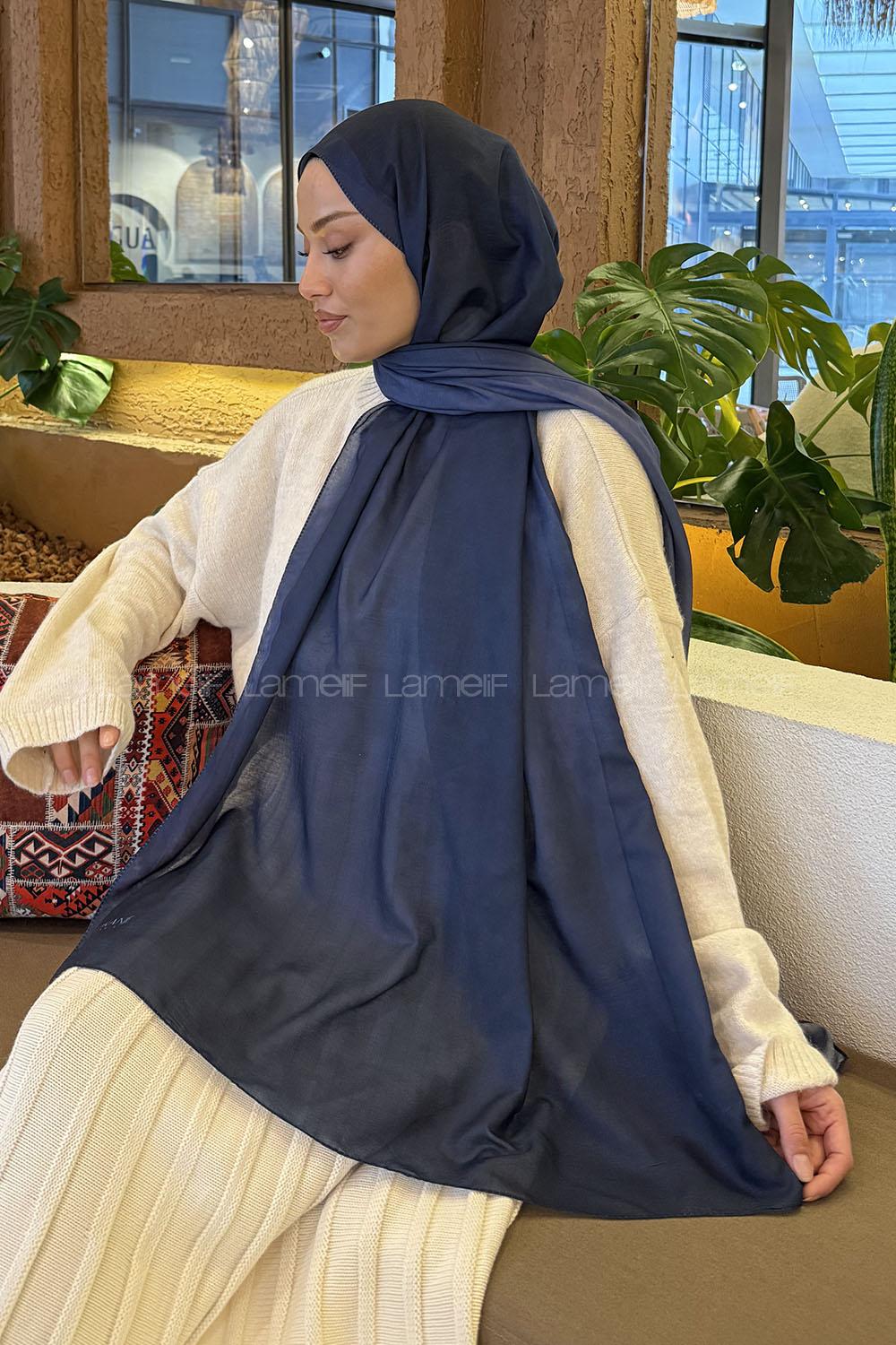 Lamelif Bulut Desen Müslin Şal Lacivert