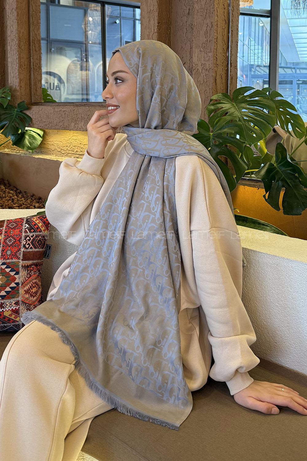 Lamelif Dior Desen Kaşmir Çift Taraflı Şal Gri Bej