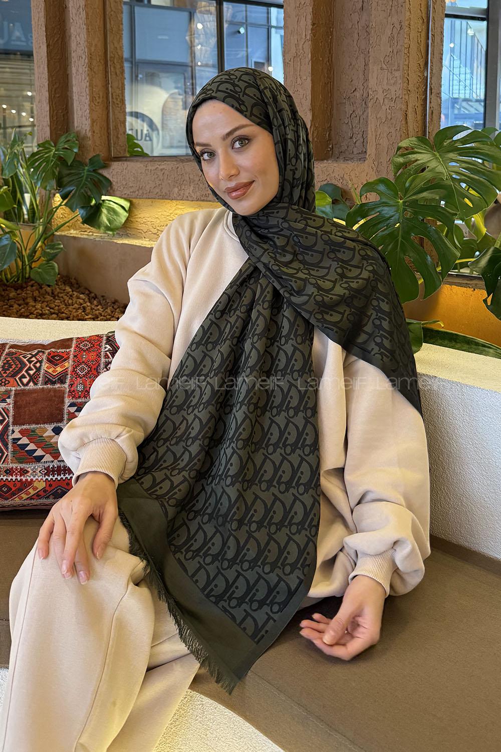 Lamelif Dior Desen Kaşmir Çift Taraflı Şal Haki