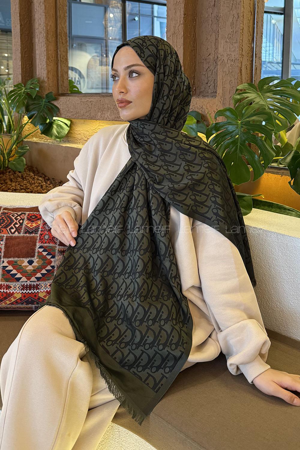 Lamelif Dior Desen Kaşmir Çift Taraflı Şal Haki