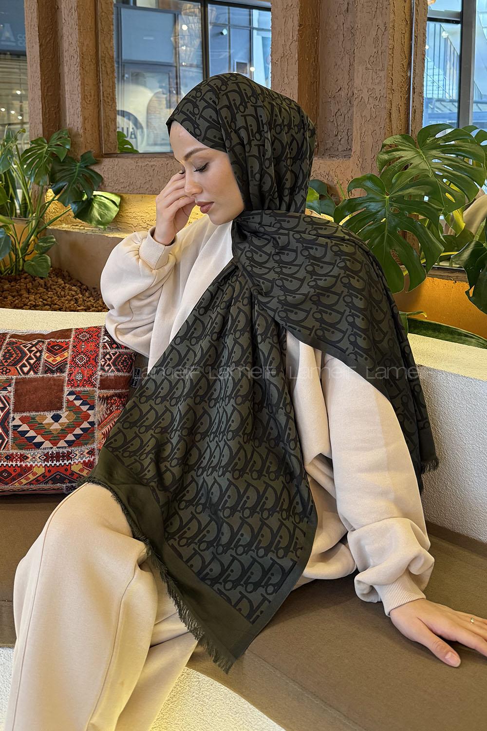 Lamelif Dior Desen Kaşmir Çift Taraflı Şal Haki