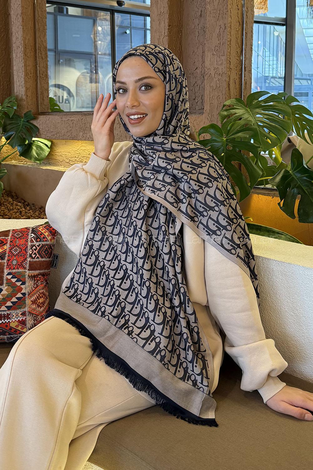 Lamelif Dior Desen Kaşmir Çift Taraflı Şal Lacivert Vizon