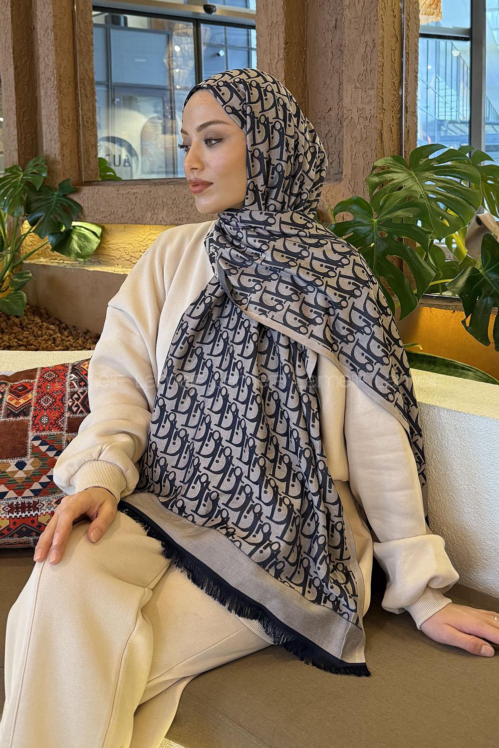 Lamelif Dior Desen Kaşmir Çift Taraflı Şal Lacivert Vizon