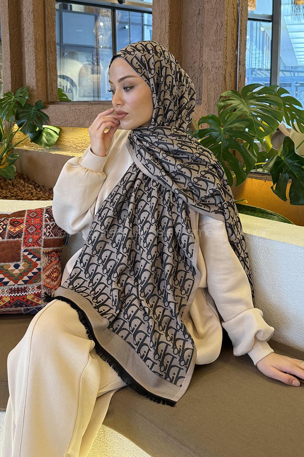 Lamelif Dior Desen Kaşmir Çift Taraflı Şal Siyah Vizon