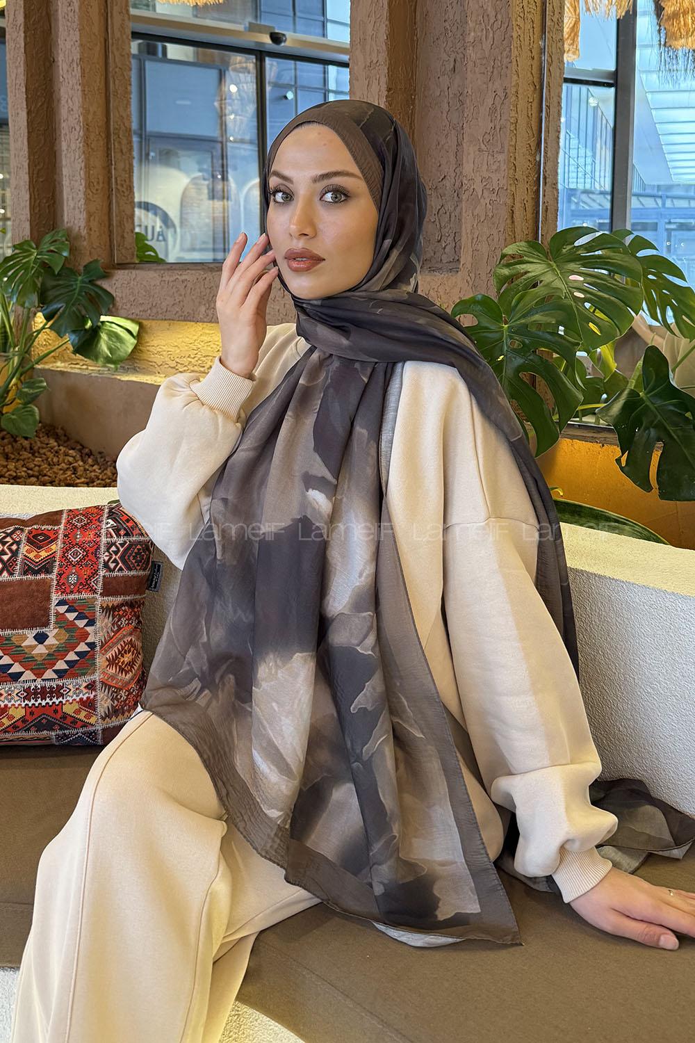 Lamelif Elegant Desen Müslin Şal Asker Yeşili