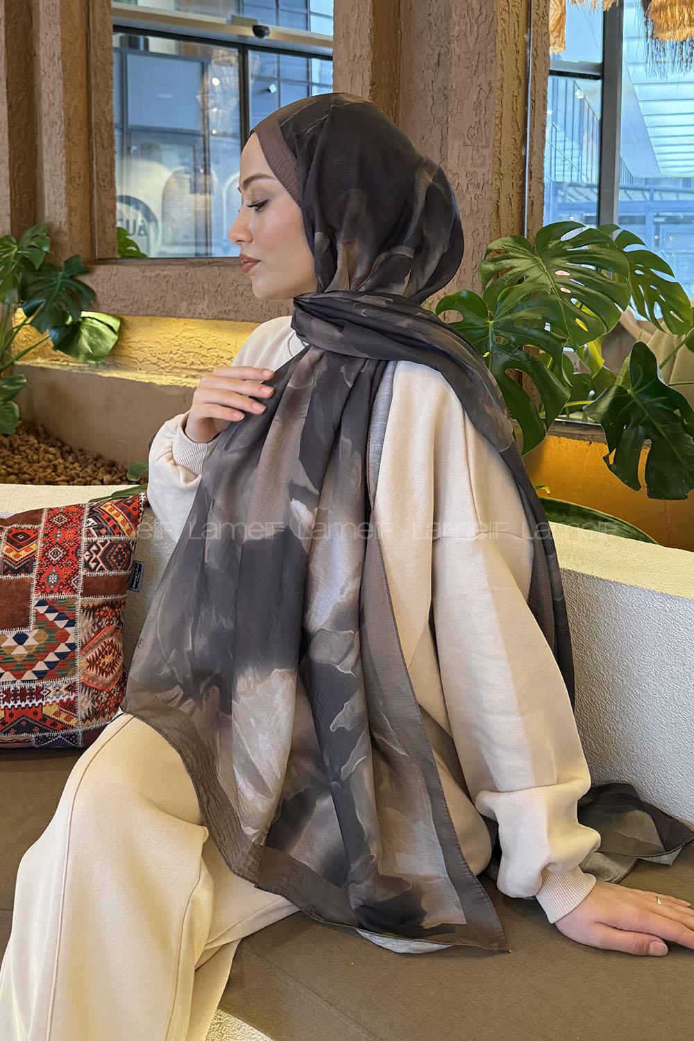 Lamelif Elegant Desen Müslin Şal Asker Yeşili