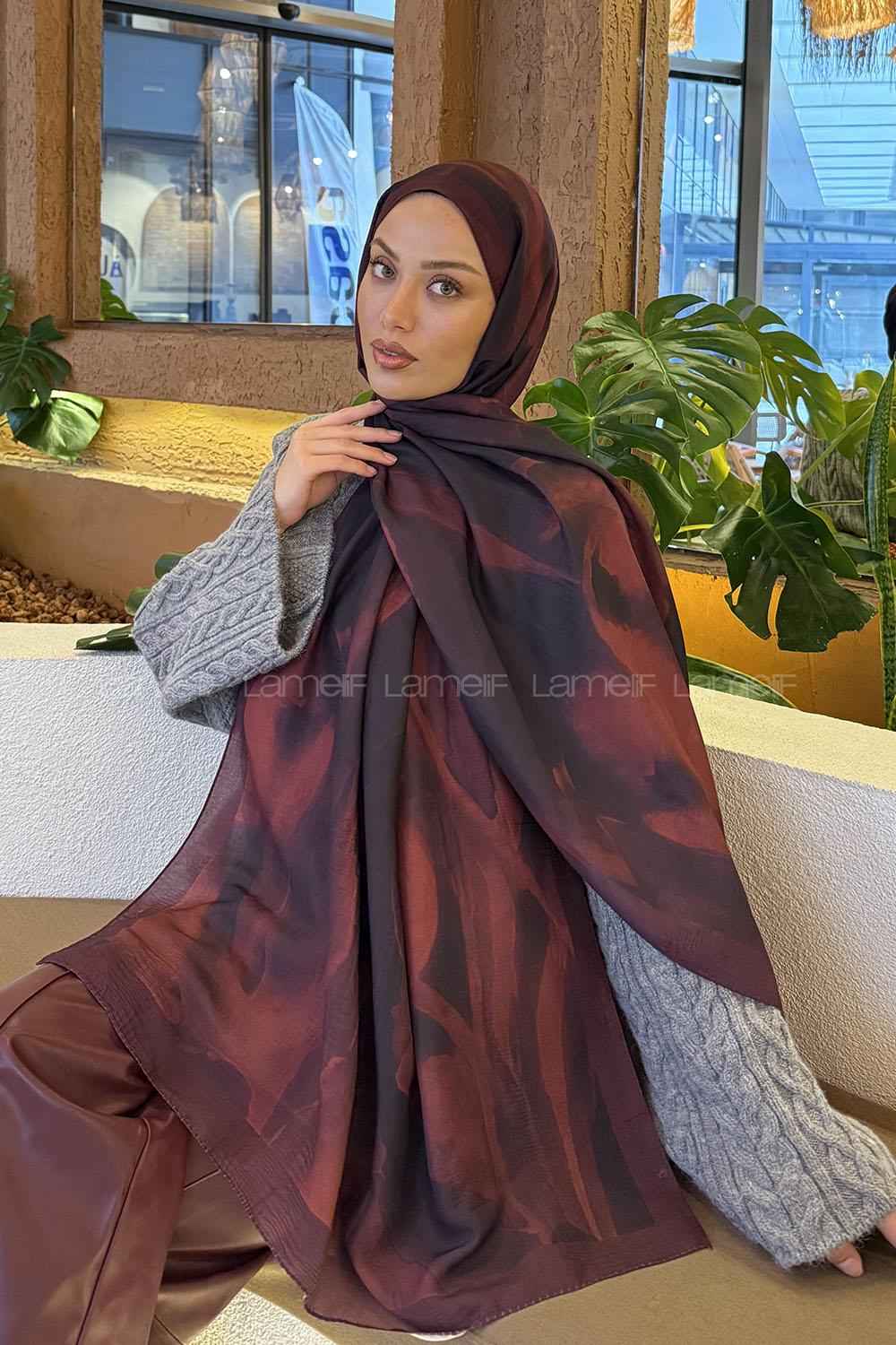 Lamelif Elegant Desen Müslin Şal Bordo