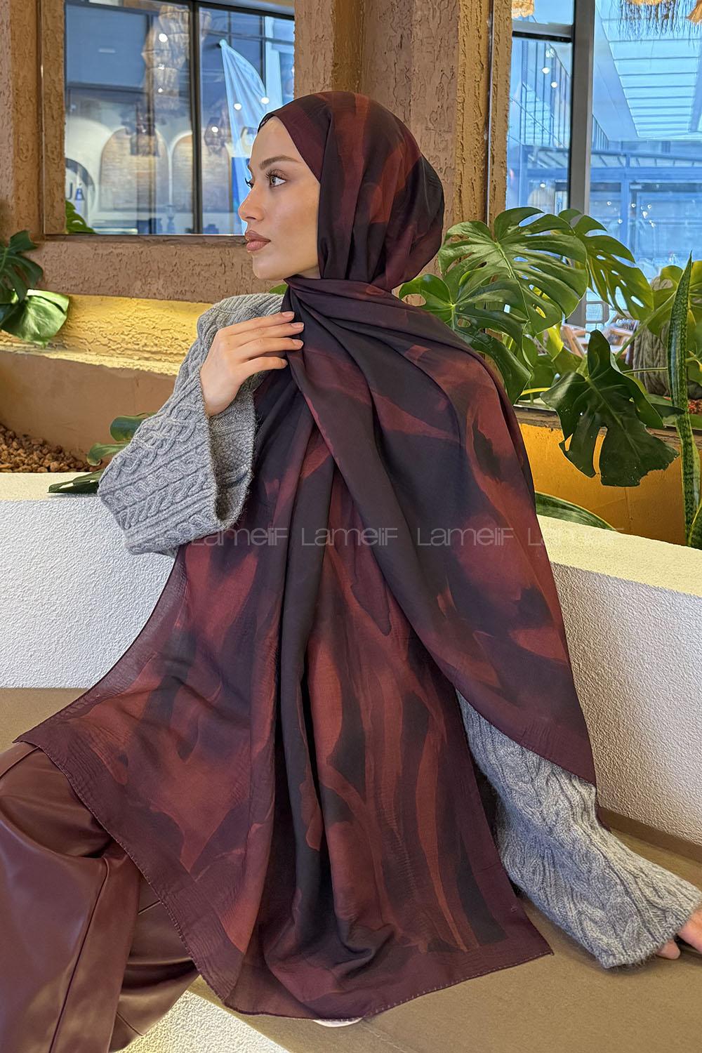 Lamelif Elegant Desen Müslin Şal Bordo