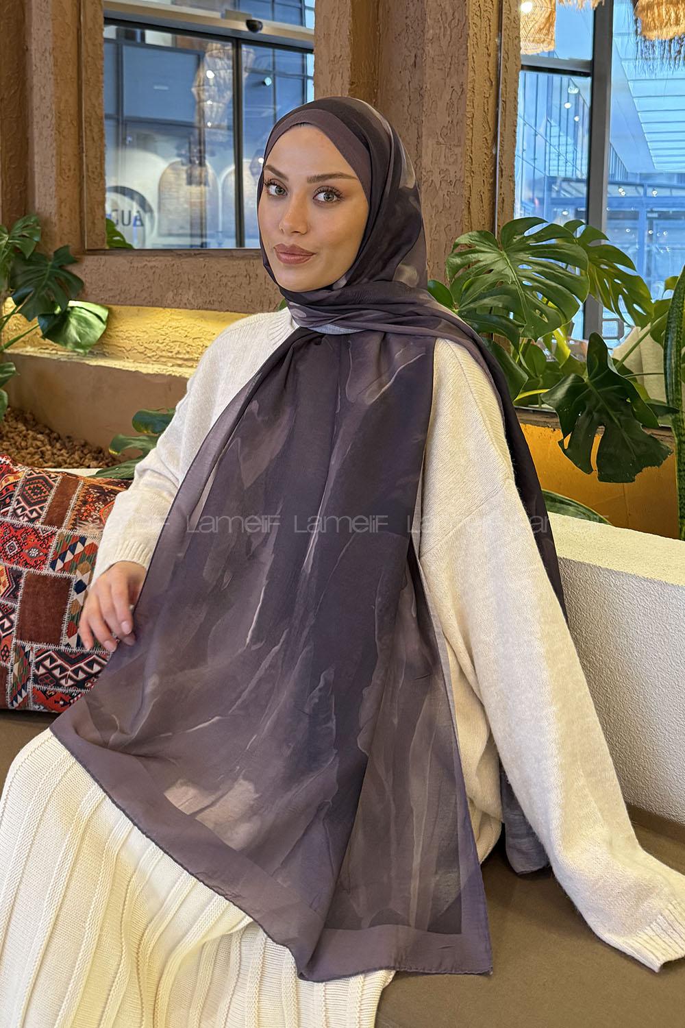 Lamelif Elegant Desen Müslin Şal Eflatun