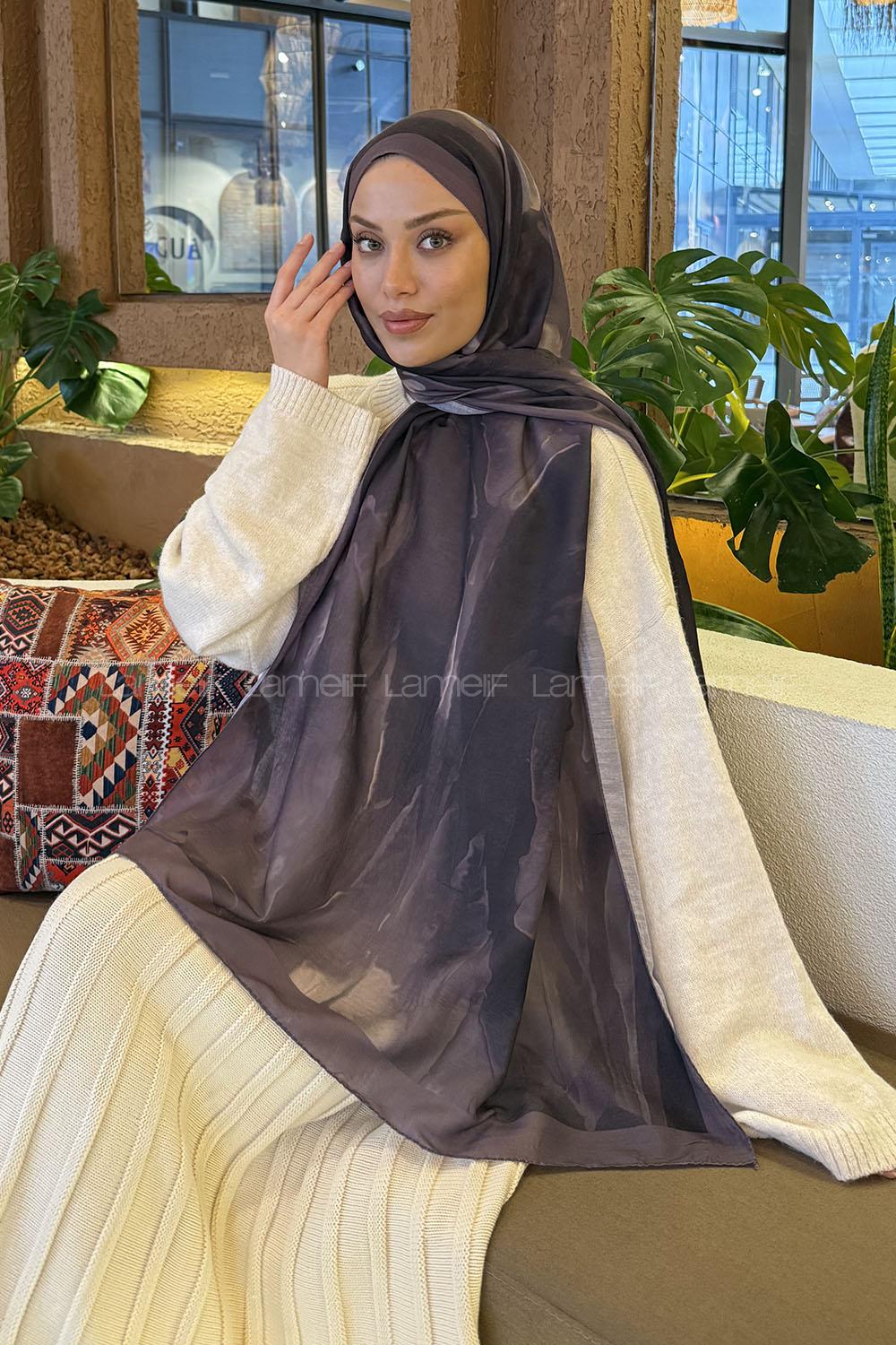 Lamelif Elegant Desen Müslin Şal Eflatun