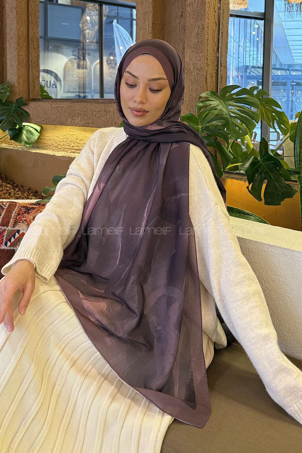 Lamelif Elegant Desen Müslin Şal Gül Kurusu