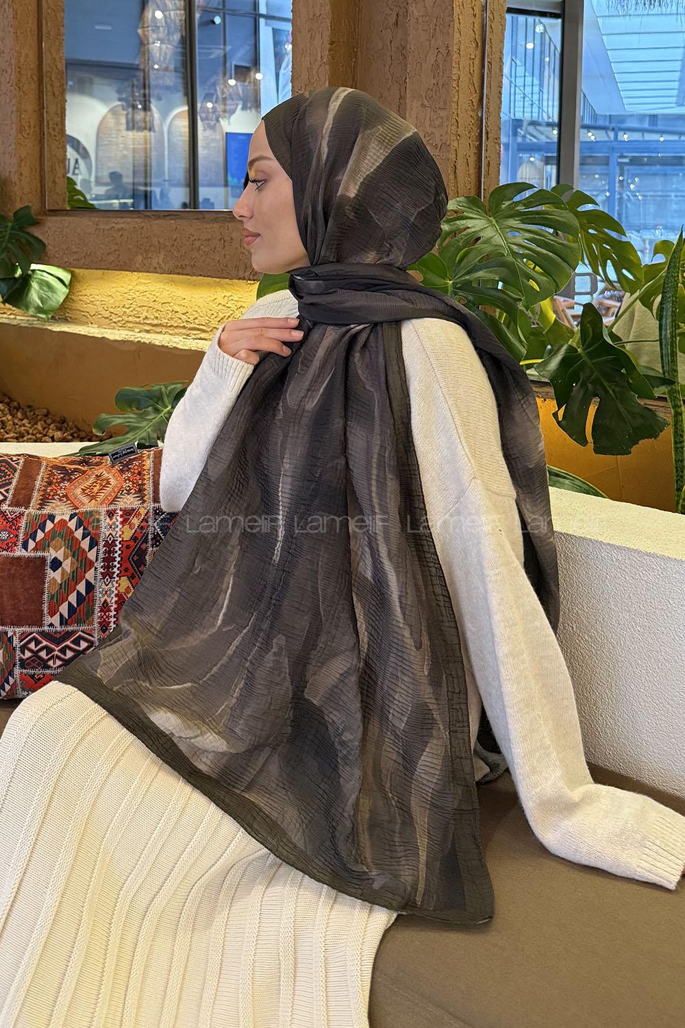 Lamelif Elegant Desen Müslin Şal Haki